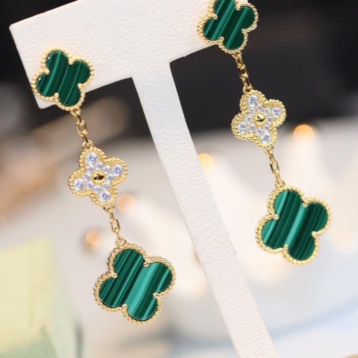 ¡®Glow Jewelry¡¯CLOVER EARRINGS GOLD MALACHITE DIAMOND 3 MOTIF
