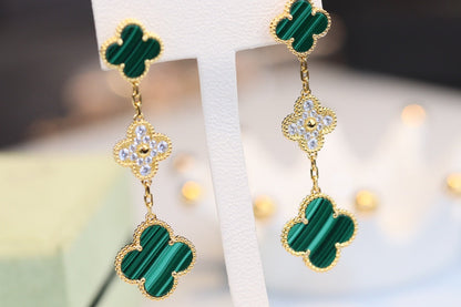[Glow Jewelry]CLOVER EARRINGS GOLD MALACHITE DIAMOND 3 MOTIF