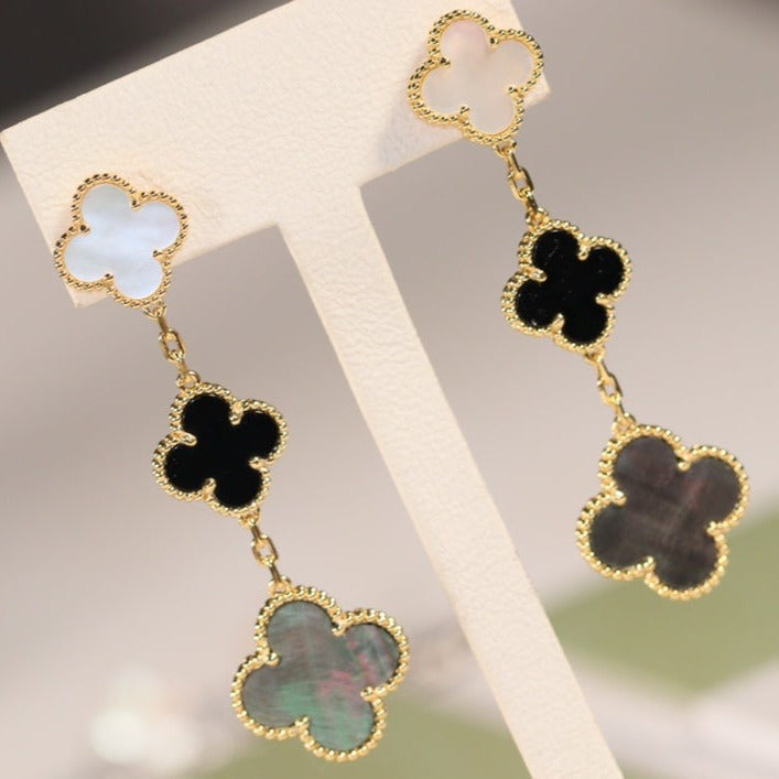 [Glow Jewelry]CLOVER EARRINGS GOLD ONYX MOP 3 MOTIF