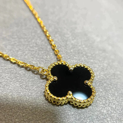 [Glow Jewelry]CLOVER 15MM BLACK ONYX SINGLE FLOWER NECKLACE