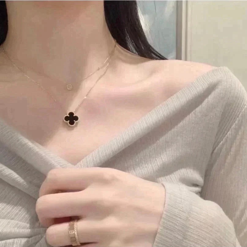 ¡®Glow Jewelry¡¯CLOVER 15MM BLACK ONYX SINGLE FLOWER NECKLACE