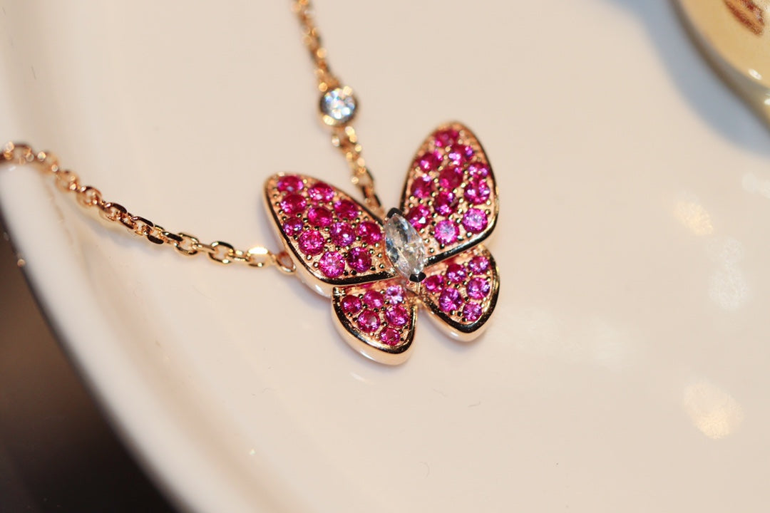 [Glow Jewelry]BUTTERFLY RED DIAMOND ROSE GOLD NECKLACE