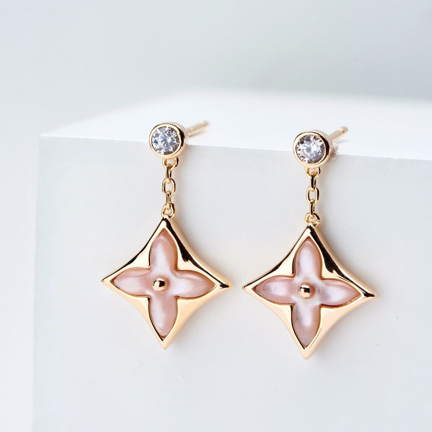 [Glow Jewelry]DOUBLE STAR PINK GOLD MOP DROP EARRINGS