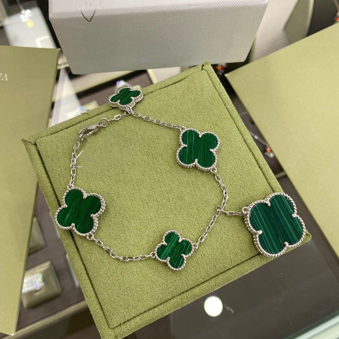 [Glow Jewelry]CLOVER 5 MOTIFS SIVLER MALACHITE BRACELET