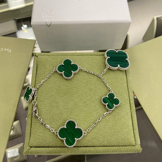 [Glow Jewelry]CLOVER 5 MOTIFS SIVLER MALACHITE BRACELET