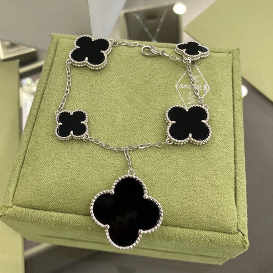 [Glow Jewelry]CLOVER 5 MOTIFS SIVLER ONYX BRACELET