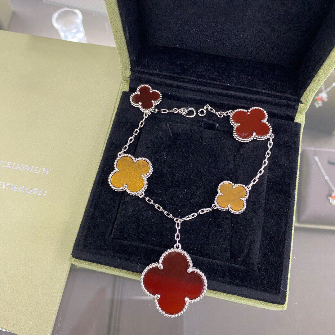 ¡®Glow Jewelry¡¯CLOVER 5 MOTIFS SIVLER CARNELIAN TIGER EYE BRACELET