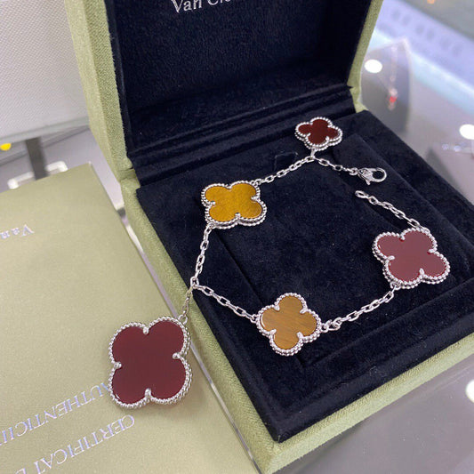 [Glow Jewelry]CLOVER 5 MOTIFS SIVLER CARNELIAN TIGER EYE BRACELET