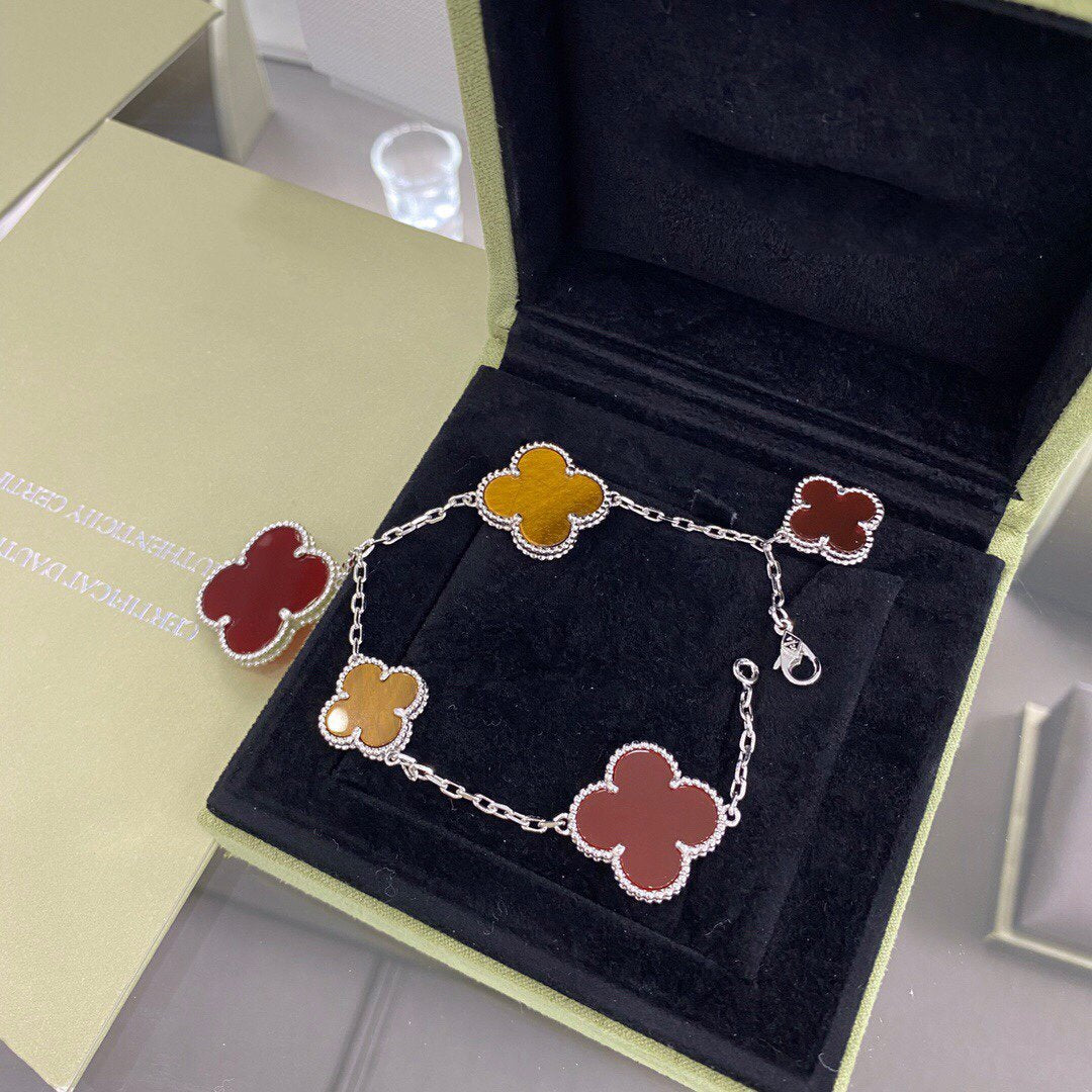 [Glow Jewelry]CLOVER 5 MOTIFS SIVLER CARNELIAN TIGER EYE BRACELET