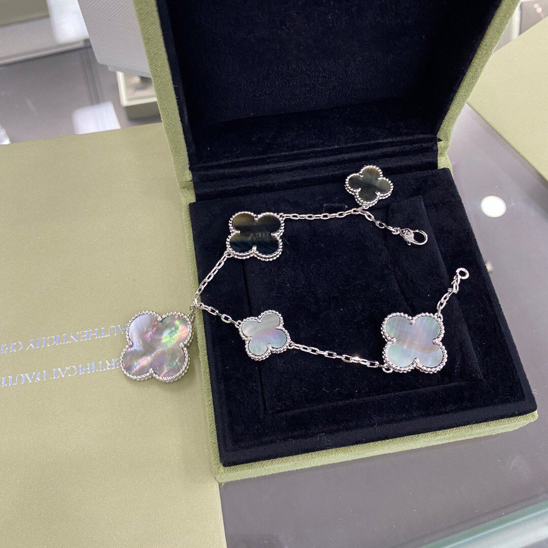 [Glow Jewelry]CLOVER 5 MOTIFS SIVLER DARK MOP BRACELET