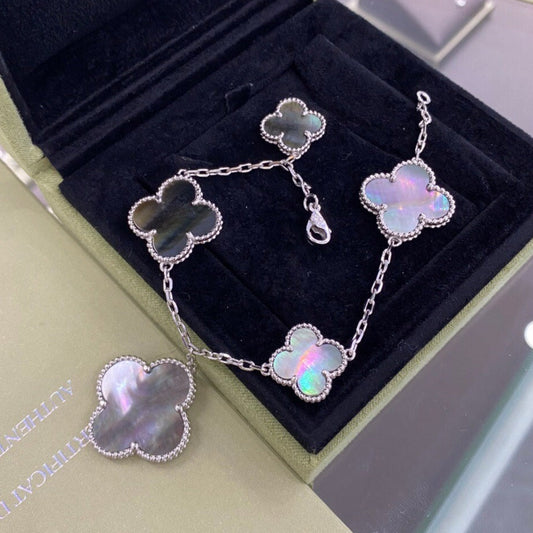 [Glow Jewelry]CLOVER 5 MOTIFS SIVLER DARK MOP BRACELET