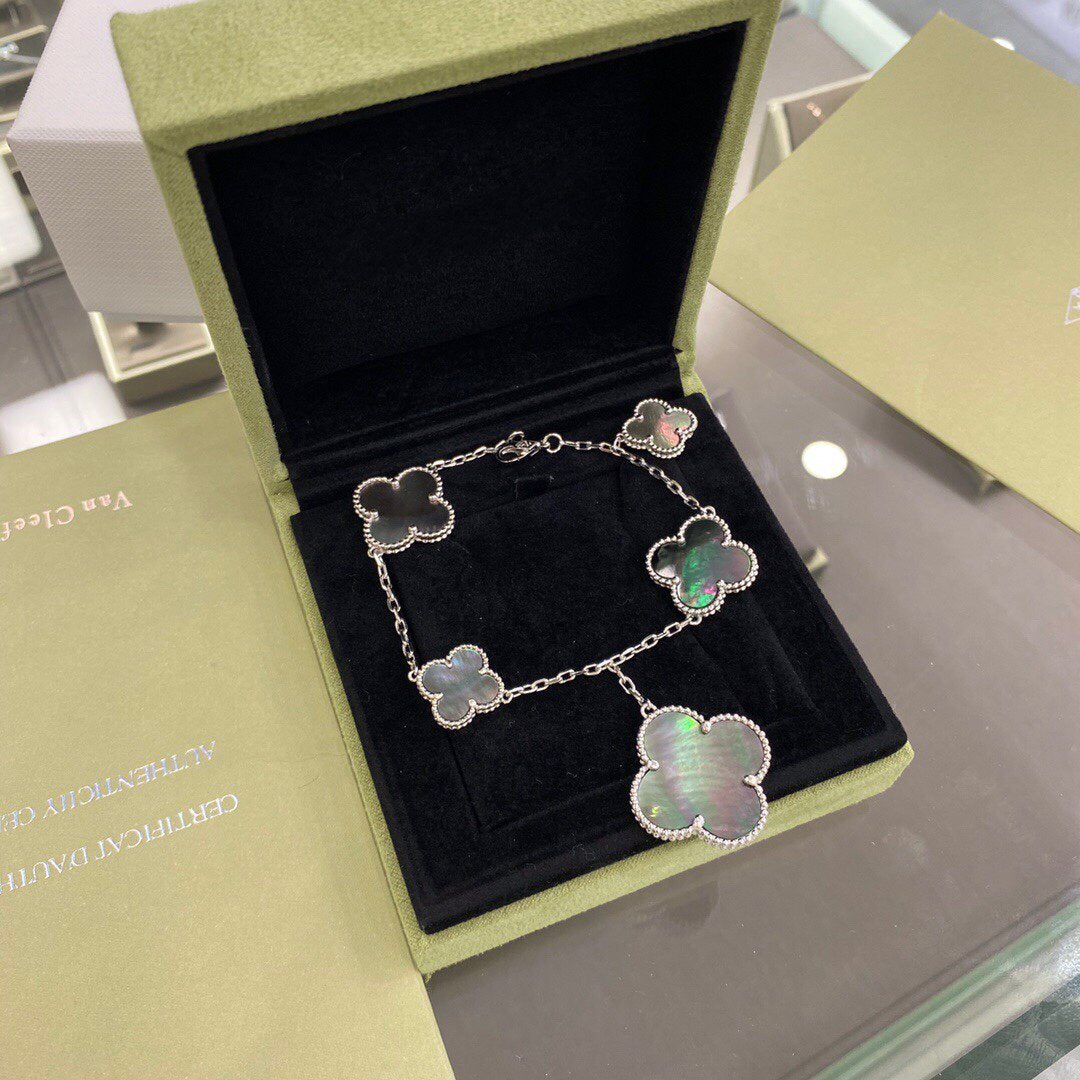 [Glow Jewelry]CLOVER 5 MOTIFS SIVLER DARK MOP BRACELET