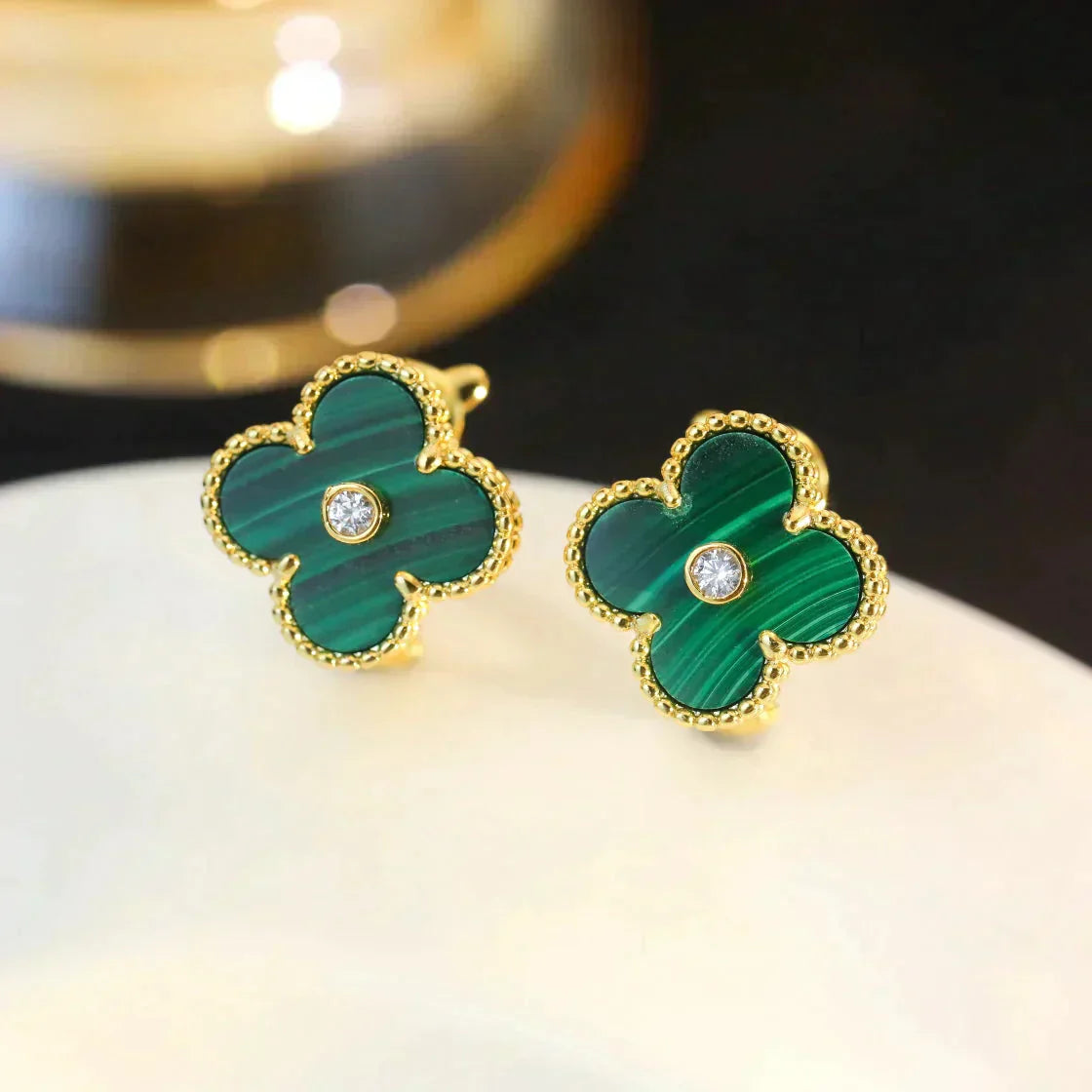 [Glow Jewelry]CLOVER MEDIUM 1 MOTIFS MALACHITE DIAMOND EARRINGS