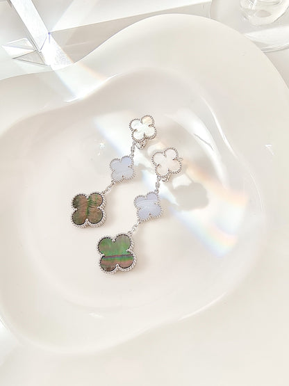 [Glow Jewelry]CLOVER 3 MOTIFS CHALCEDONY DARK MOP SILVER EARRINGS