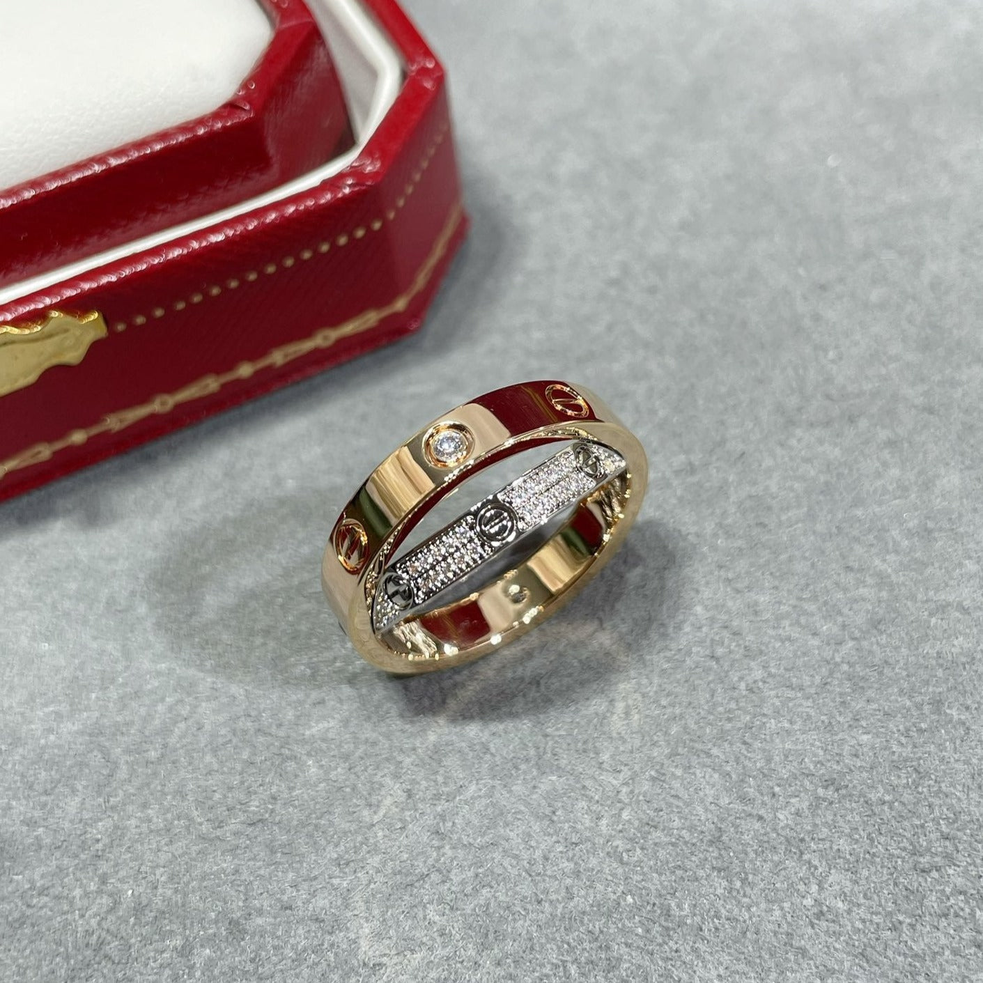 ¡®Glow Jewelry¡¯LOVE PINK GOLD SILVER DIAMOND DOUBLE RING