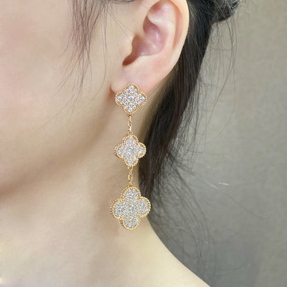 [Glow Jewelry]CLOVER 3 MOTIFS DIAMOND PAVED ROSE GOLD EARRINGS