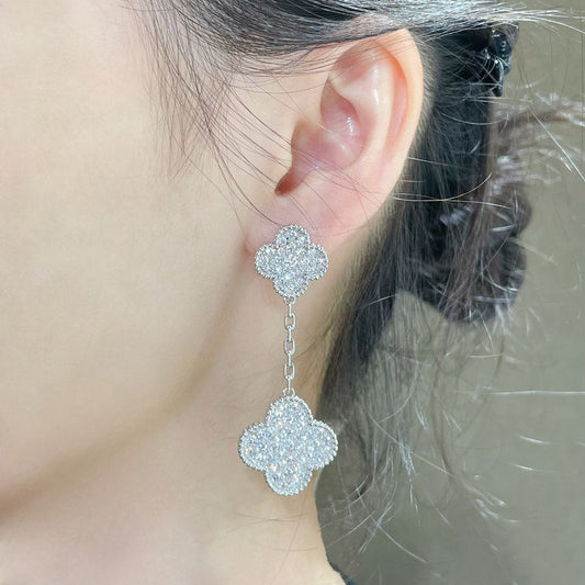 [Glow Jewelry]CLOVER 2 MOTIFS DIAMOND PAVED SILVER EARRINGS