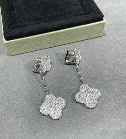 [Glow Jewelry]CLOVER 2 MOTIFS DIAMOND PAVED SILVER EARRINGS