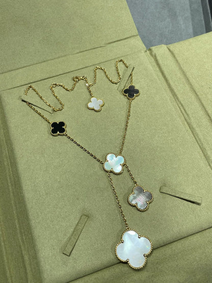 [Glow Jewelry]CLOVER 6 MOTIF MOP ONYX GOLD NECKLACE