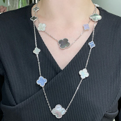[Glow Jewelry]CLOVER 16 MOTIF CHALCEDONY MOP SILVER NECKLACE