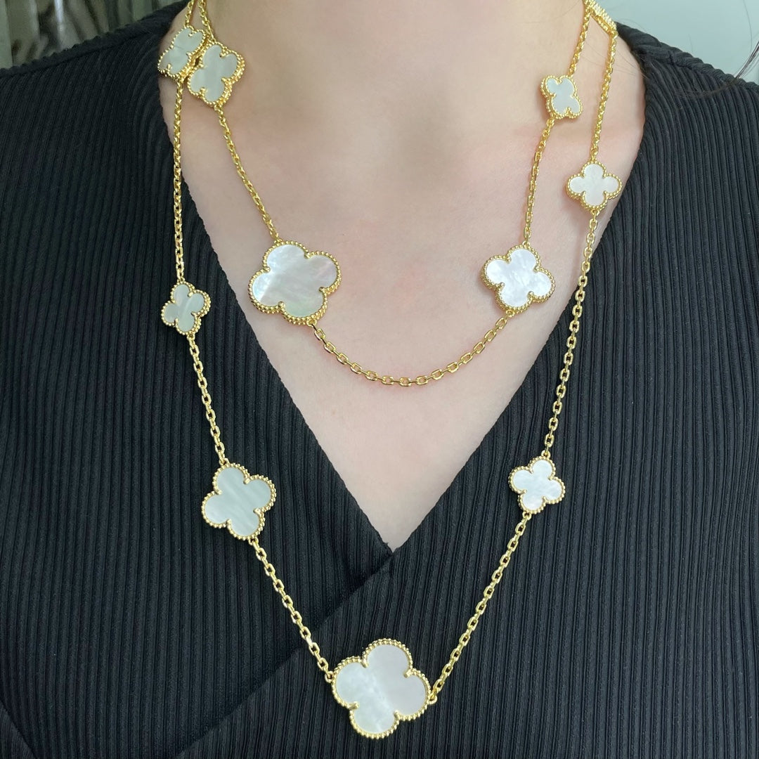 [Glow Jewelry]CLOVER 16 MOTIF WHITE MOP GOLD NECKLACE