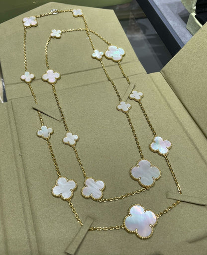 [Glow Jewelry]CLOVER 16 MOTIF WHITE MOP GOLD NECKLACE