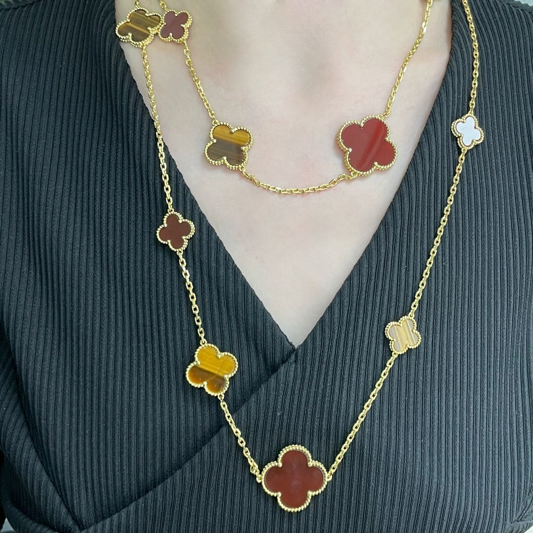 [Glow Jewelry]CLOVER 16 MOTIF CARNELIAN TIGER EYE ROSE GOLD NECKLACE