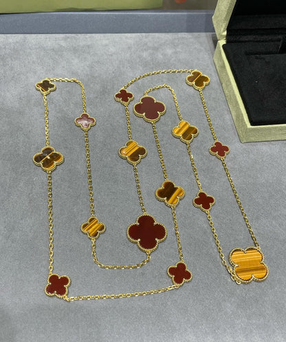 [Glow Jewelry]CLOVER 16 MOTIF CARNELIAN TIGER EYE ROSE GOLD NECKLACE