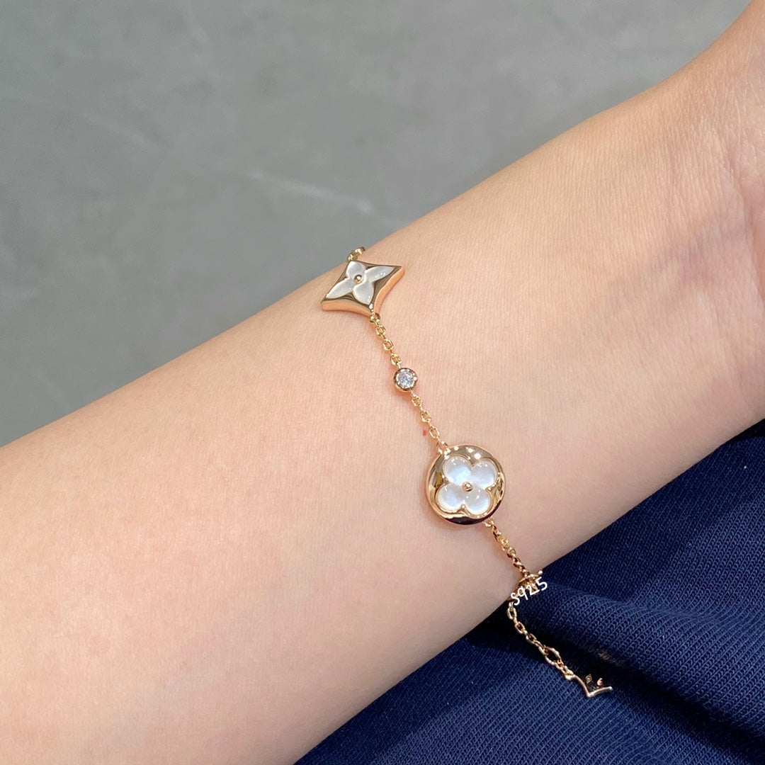 [Glow Jewelry]STAR AND SUN 4 MOTIF WHITE MOP PINK GOLD BRACELET