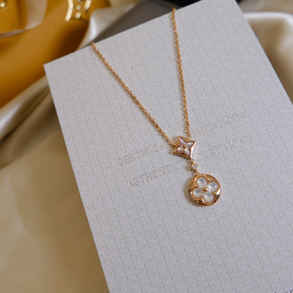 [Glow Jewelry]STAR AND SUN WHITE MOP 2 MOTIF PINK GOLD NECKLACE
