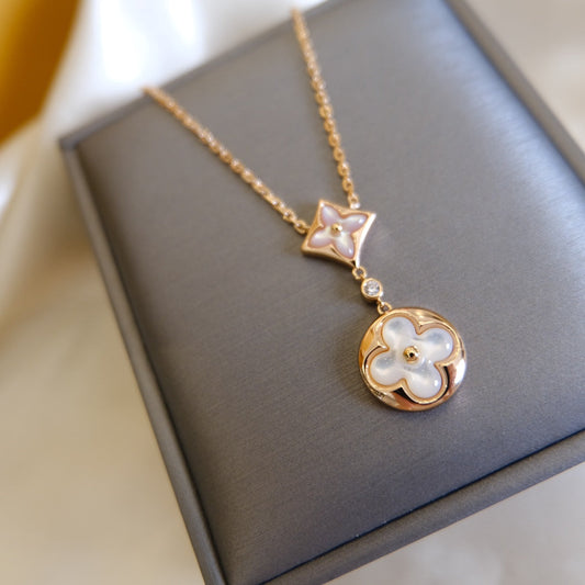 [Glow Jewelry]STAR AND SUN WHITE MOP 2 MOTIF PINK GOLD NECKLACE