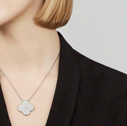 [Glow Jewelry]CLOVER 25MM LARGE PENDANT DIAMOND PAVED SILVER NECKLACE