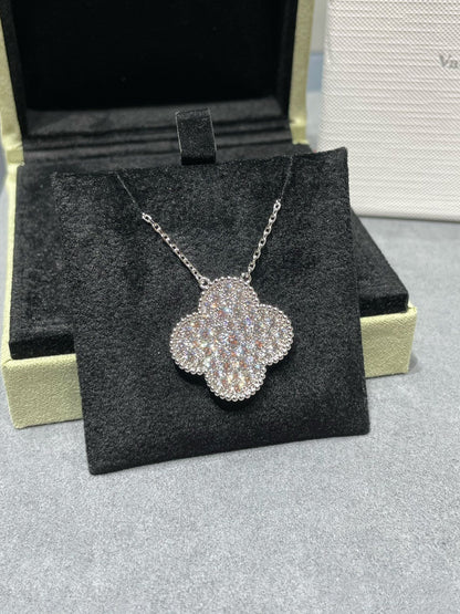 [Glow Jewelry]CLOVER 25MM LARGE PENDANT DIAMOND PAVED SILVER NECKLACE