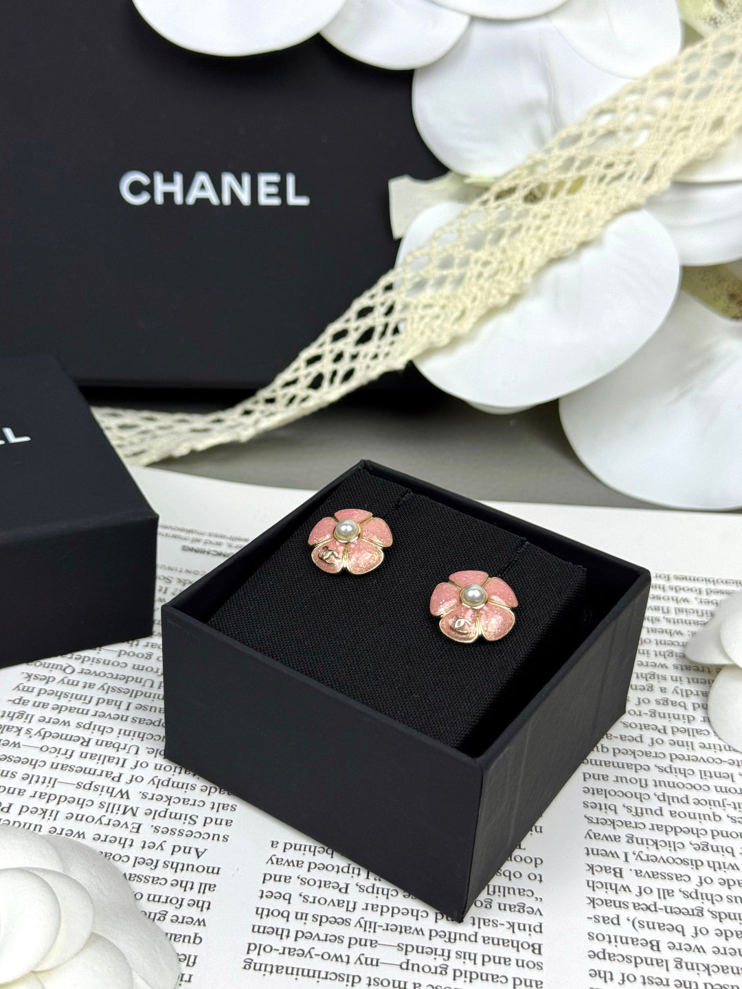 [Glow Jewelry]26C Pink Camellia Pearl Enamel Stud Earrings