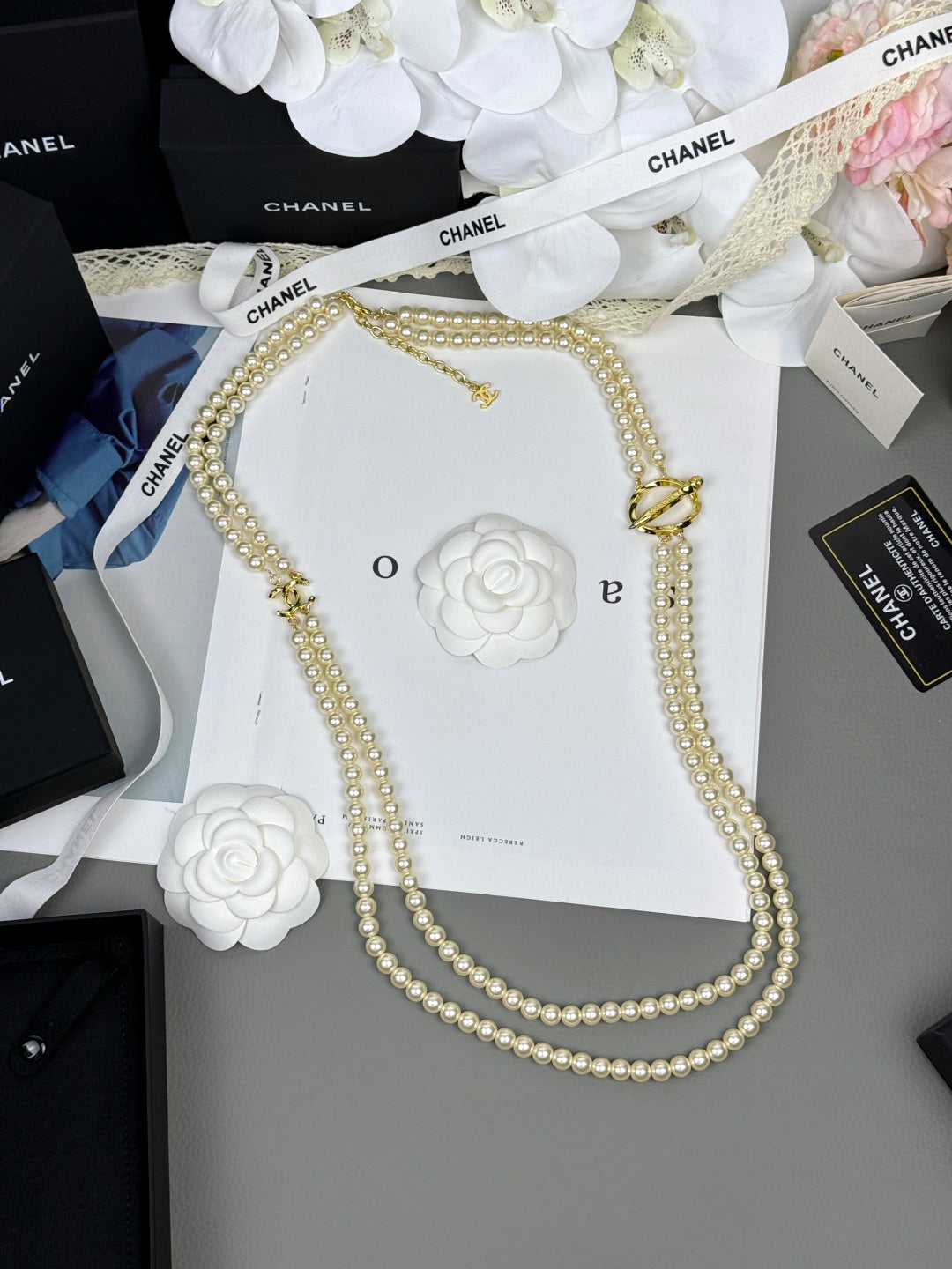 [Glow Jewelry]25K Pencil Double C Double-Layer Pearl Sweater Chain