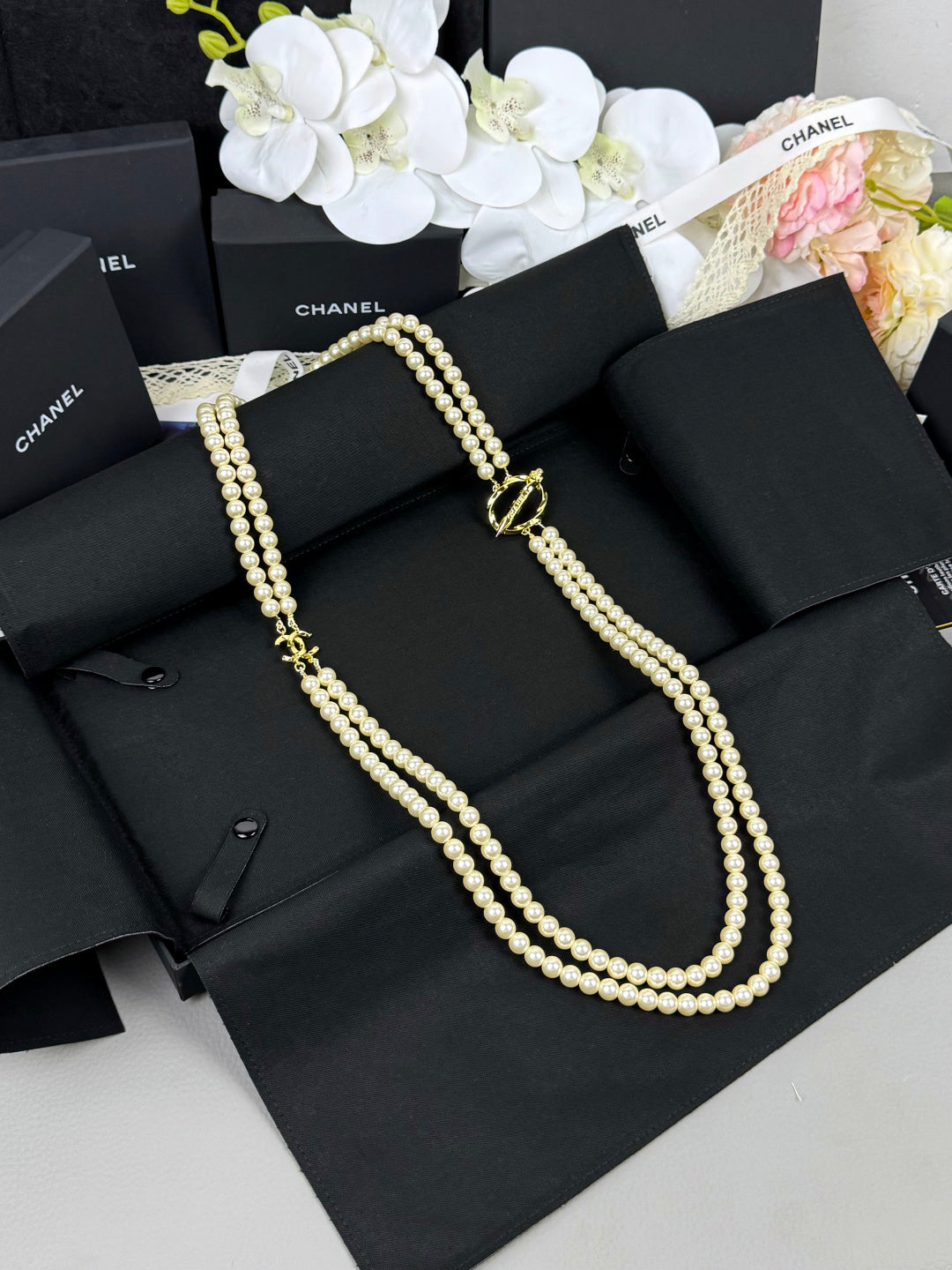 [Glow Jewelry]25K Pencil Double C Double-Layer Pearl Sweater Chain
