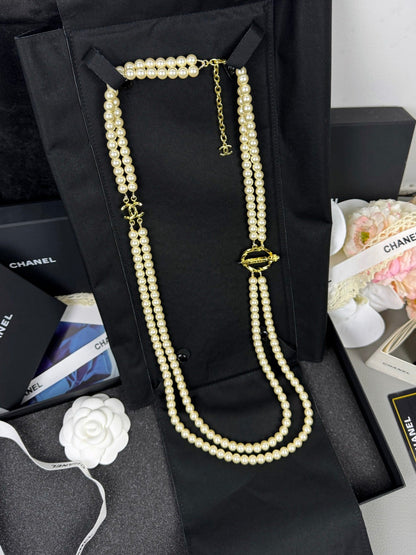 [Glow Jewelry]25K Pencil Double C Double-Layer Pearl Sweater Chain