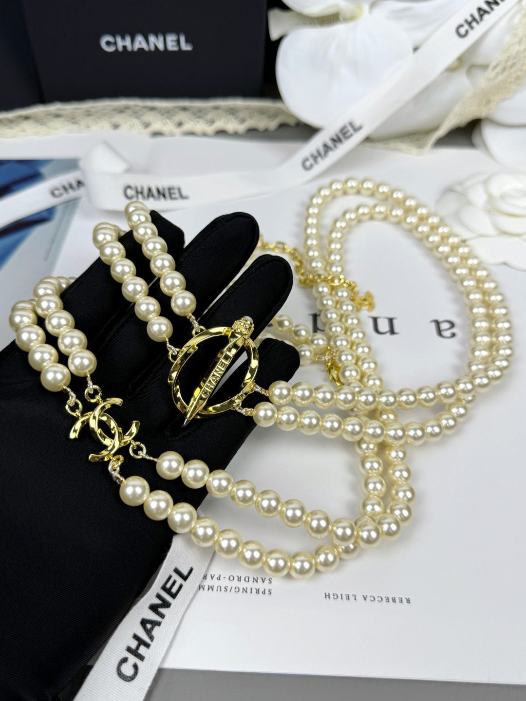 [Glow Jewelry]25K Pencil Double C Double-Layer Pearl Sweater Chain