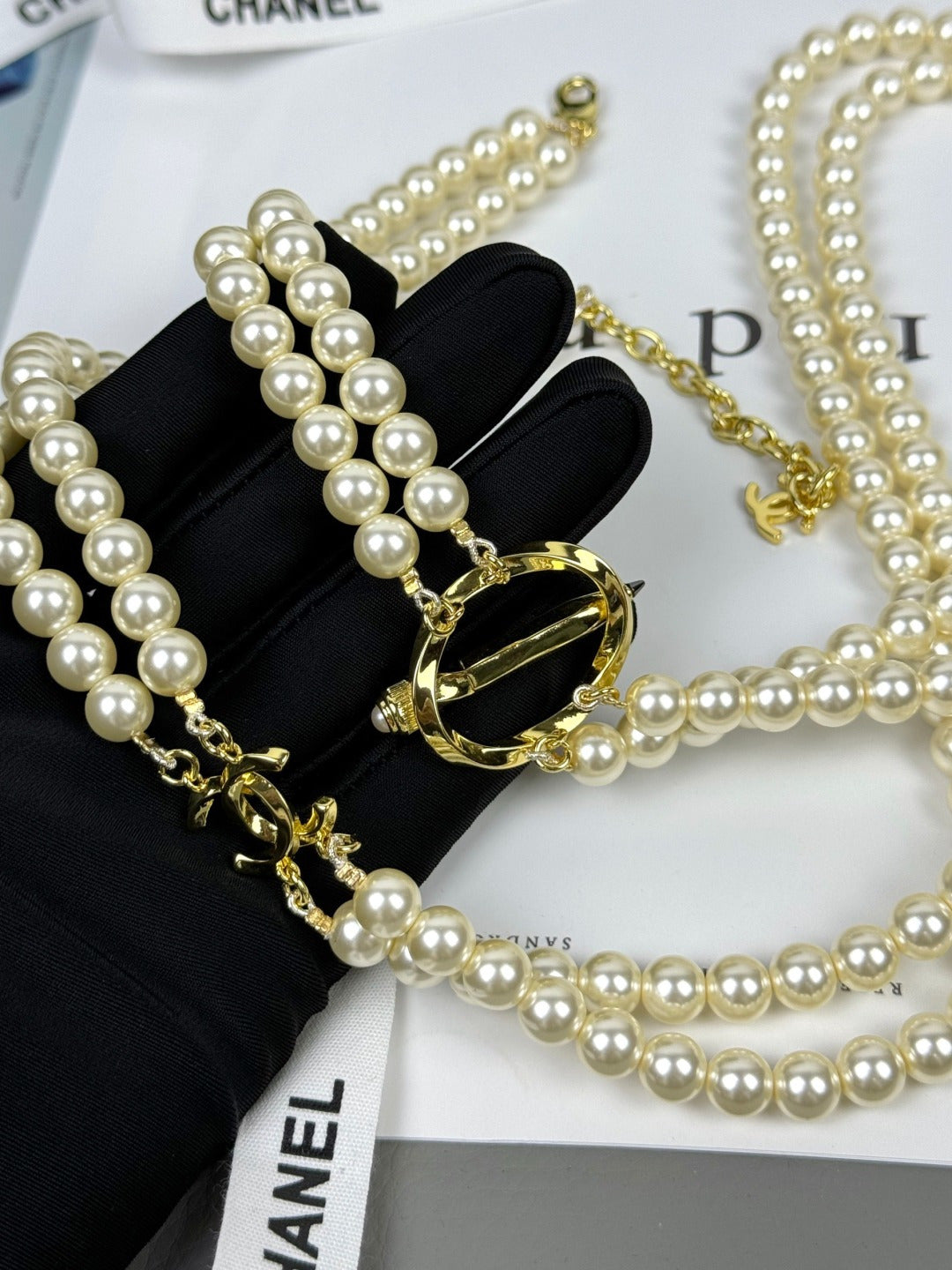[Glow Jewelry]25K Pencil Double C Double-Layer Pearl Sweater Chain