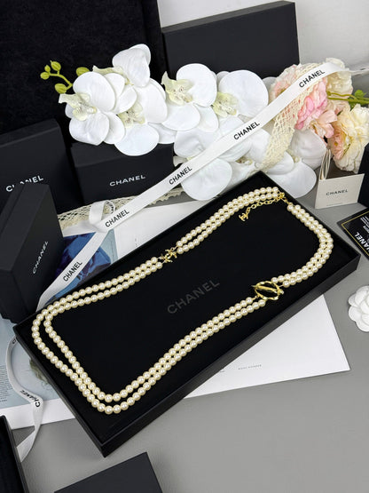 [Glow Jewelry]25K Pencil Double C Double-Layer Pearl Sweater Chain