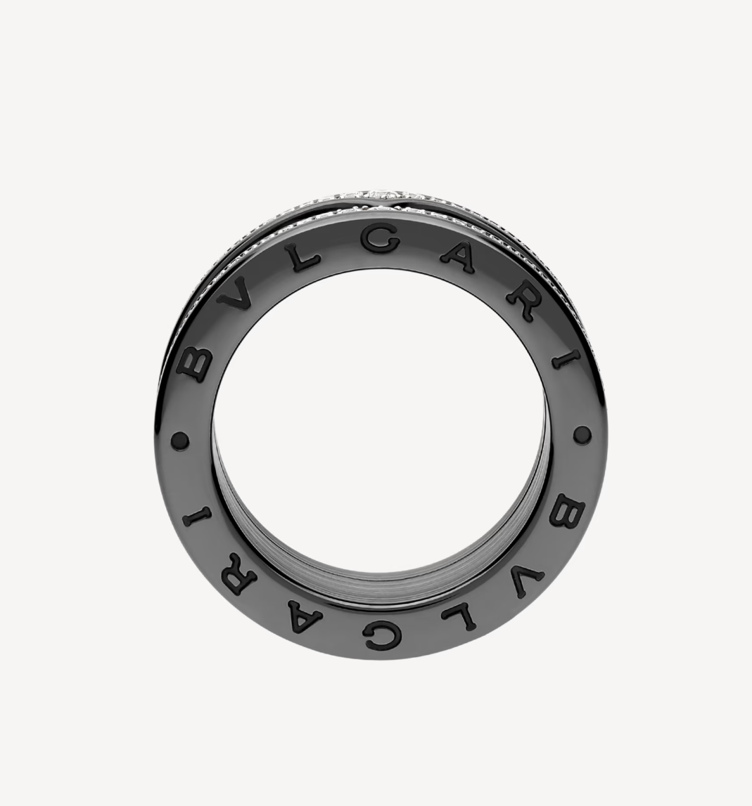 [Glow Jewelry]ZERO 1 ROCK FOUR-BAND BLACK CERAMIC WITH STUDDED SPIRAL AND PAVED DIAMONDS RING