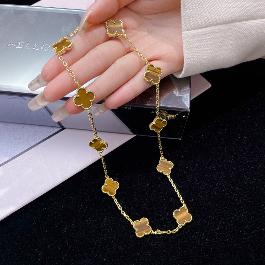 [Glow Jewelry]CLOVER 10 MOTIFS TIGER EYE NECKLACE