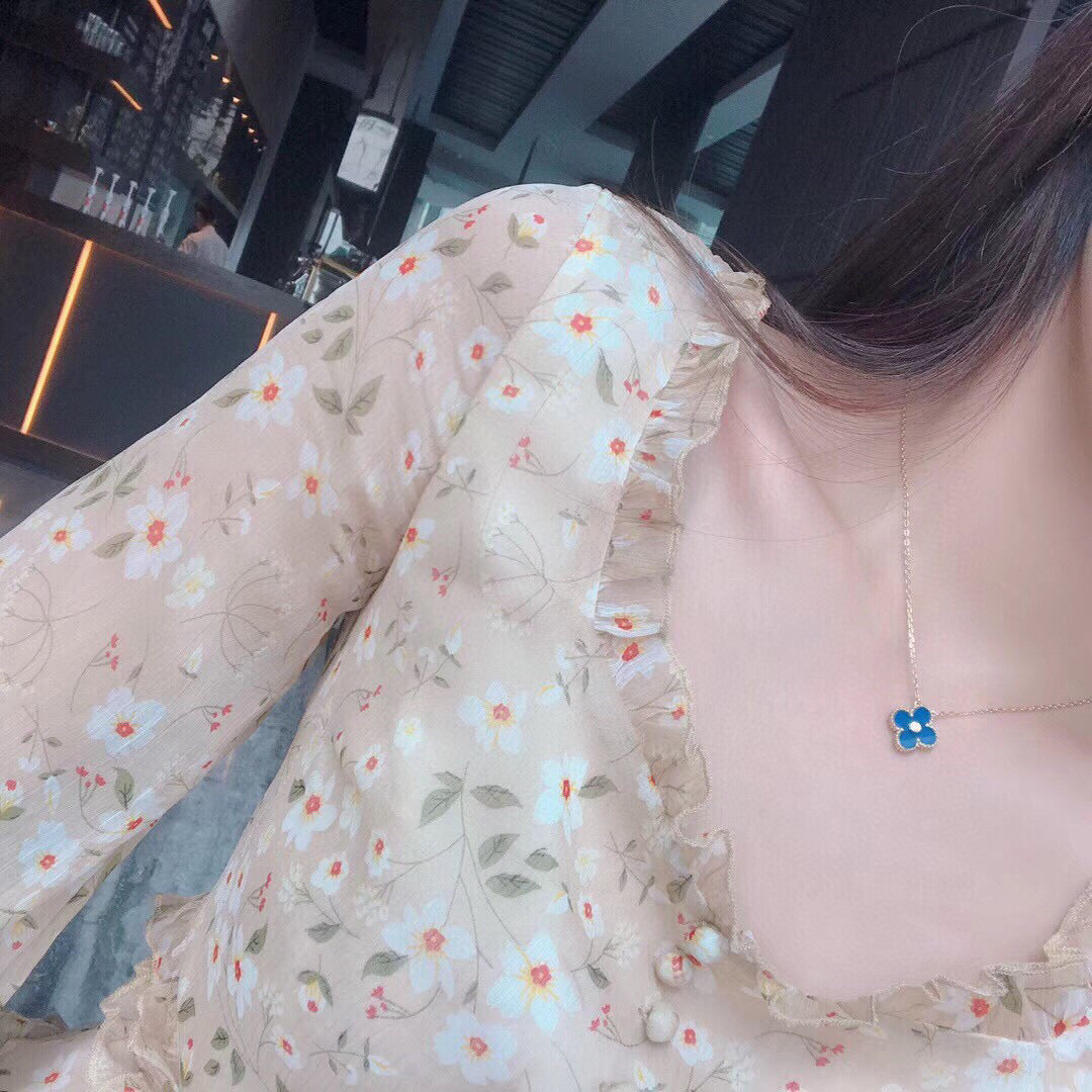 [Glow Jewelry]CLOVER 15MM DIAMOND AND BLUE AGATE NECKLACE