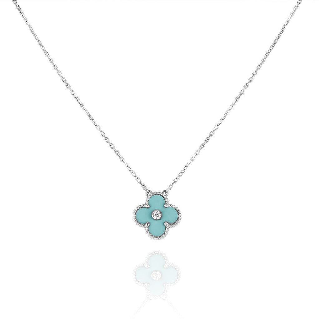 ¡®Glow Jewelry¡¯CLOVER 1 DIAMOND LIGHT BLUE SILVER NECKLACE