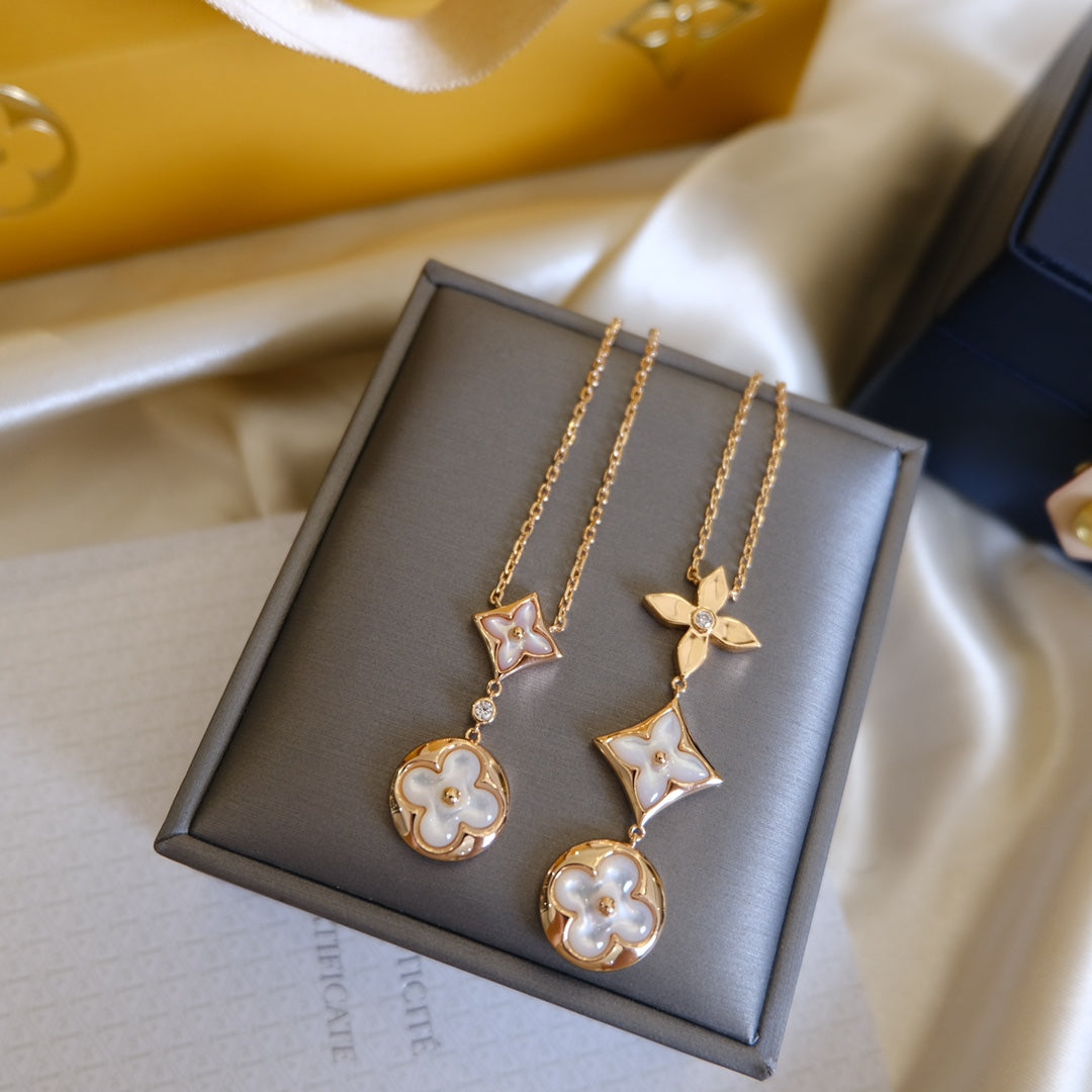 [Glow Jewelry]COLOR BLOSSOM LARIAT NECKLACE PINK GOLD WHITE MOTHER PEARL AND DIAMOND