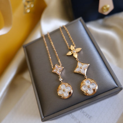 [Glow Jewelry]COLOR BLOSSOM LARIAT NECKLACE PINK GOLD WHITE MOTHER PEARL AND DIAMOND