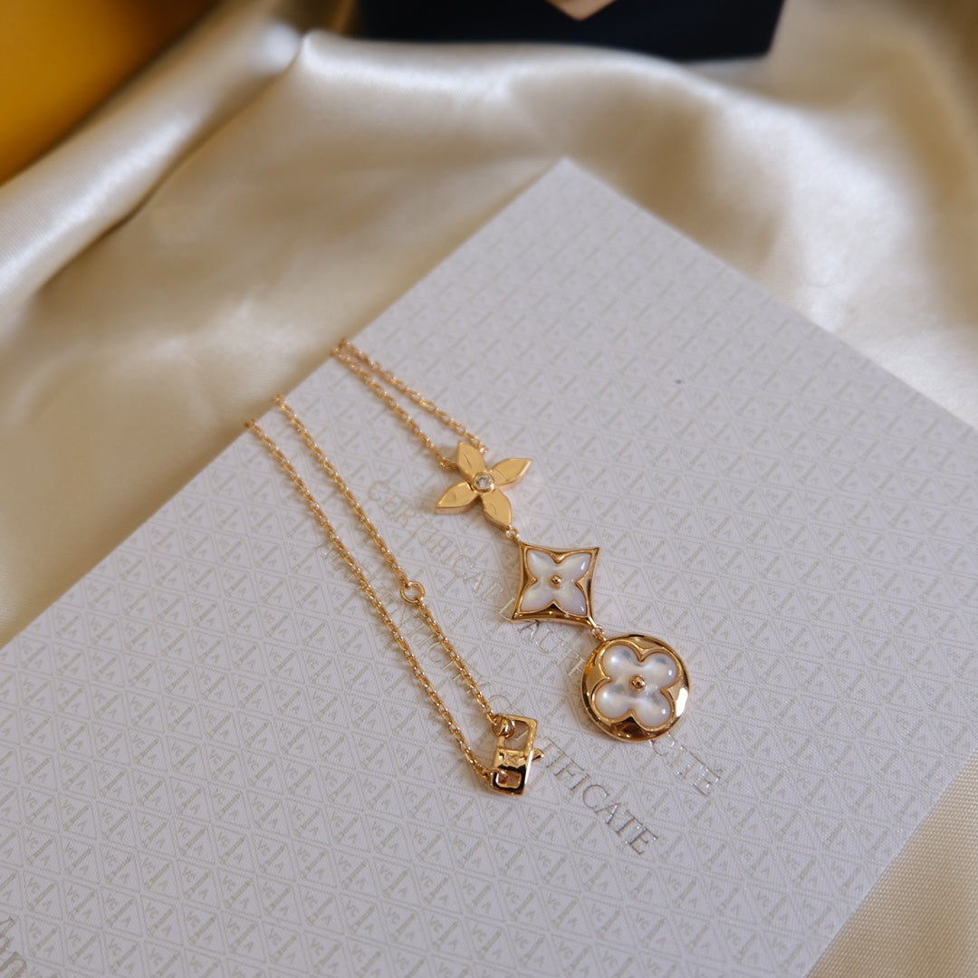 [Glow Jewelry]COLOR BLOSSOM LARIAT NECKLACE PINK GOLD WHITE MOTHER PEARL AND DIAMOND