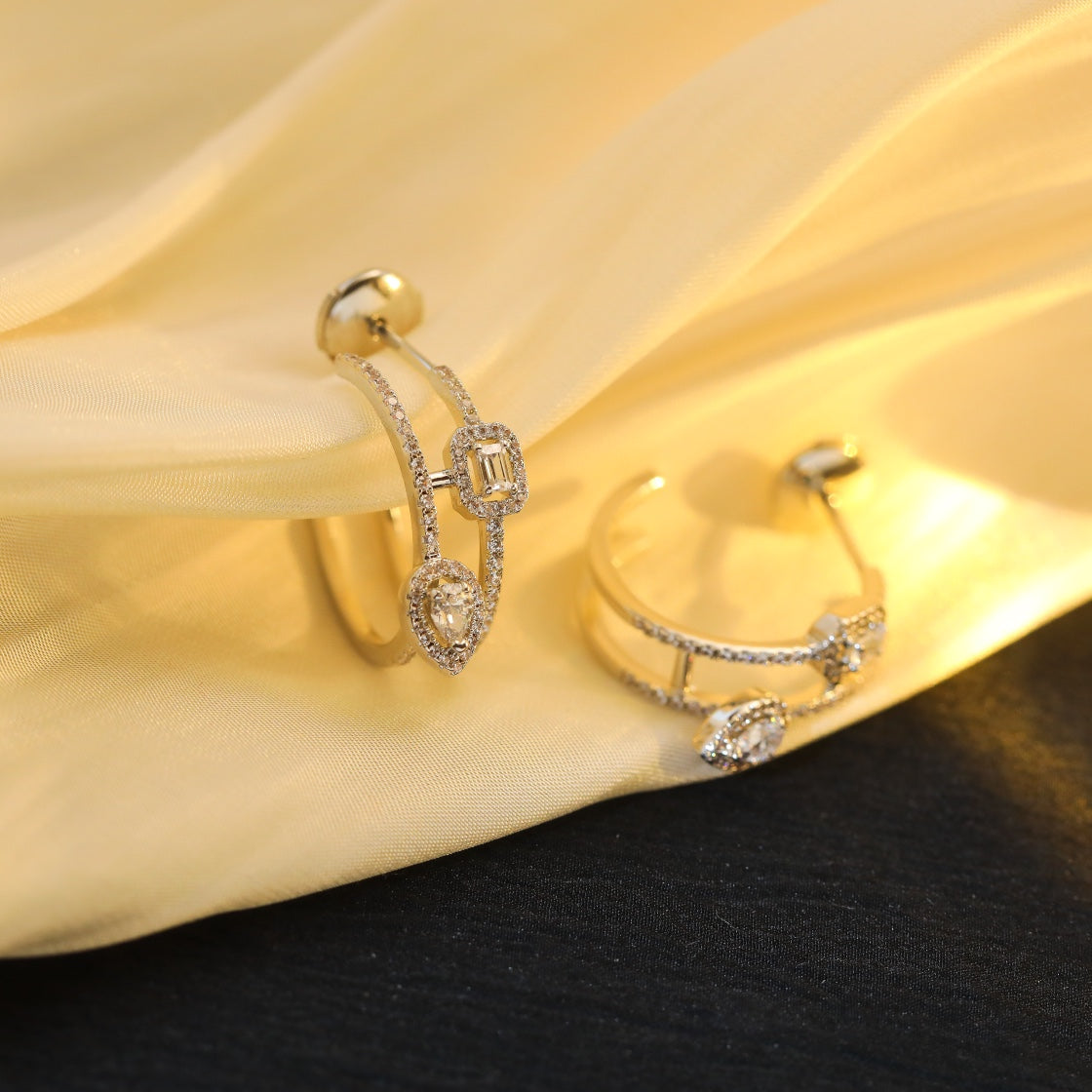 [Glow Jewelry]CREOLES MY TWIN 2 RANGS SILVER DIAMOND EARRINGS