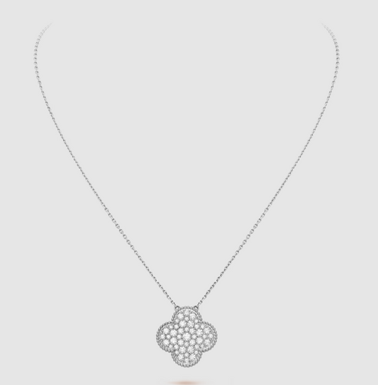 [Glow Jewelry]CLOVER 25MM LARGE PENDANT DIAMOND PAVED SILVER NECKLACE