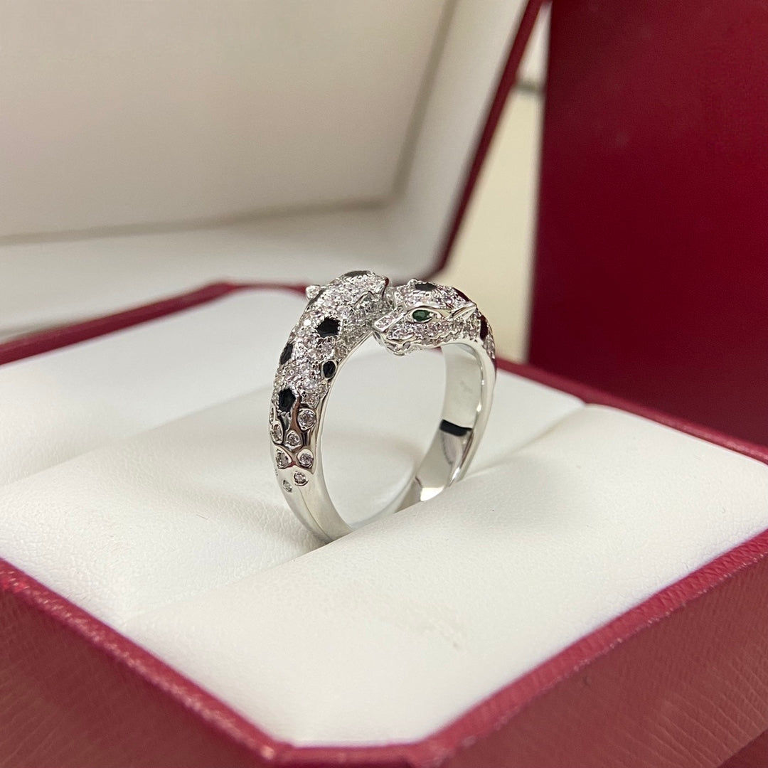 [Glow Jewelry]FULL DIAMOND DOUBLE LEOPARD HEAD RING